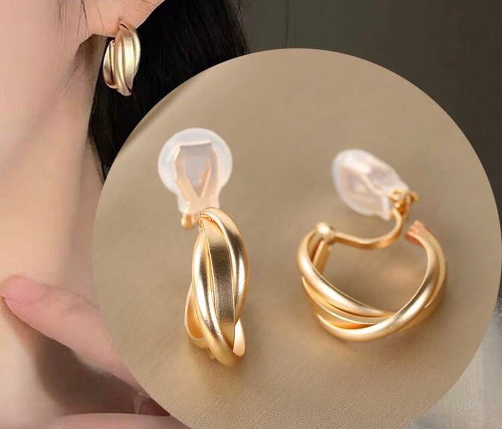 Clip on 3/4" small matte gold three row twisted hoop earrings